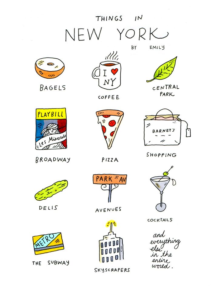 an illustrated poster with the words things in new york and other places to eat on it