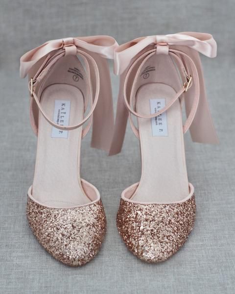 Rose Gold Rock Glitter Block Heel with Back Satin Bow, Women Shoes – Kailee P. Inc. Rose Gold Block Heels, Block Heel Wedding Shoes, Rose Gold High Heels, Wedding Shoes Block Heel, Shoes For Brides, Shoes With Heels, Rose Gold Shoes, Bridesmaids Shoes, Shoes Prom