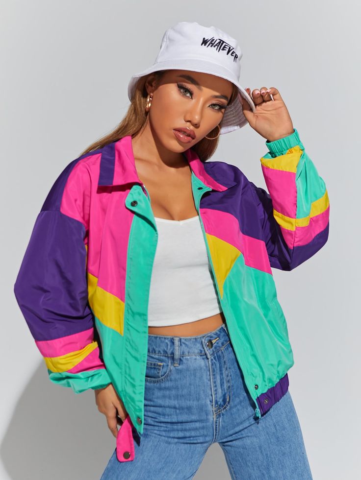 Multicolor Casual Collar Long Sleeve Fabric Colorblock Windbreaker Embellished Slight Stretch Spring/Fall Women Clothing 90s Party Outfit, 80s Inspired Outfits, 80s Party Outfits, 90’s Outfits, 42nd Birthday, Womens Jackets Casual, Outfit 90s, 80s Outfit, 90s Fashion Outfits