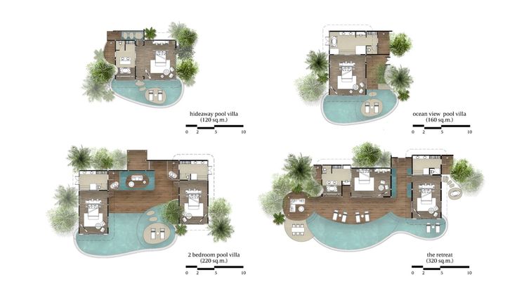 three floor plans for a house with swimming pool and outdoor living area in the middle