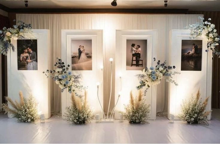 three pictures on the wall with flowers and candles in front of them at a wedding