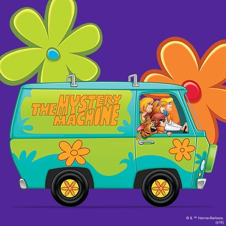 the mystery machine van with an orange flower on it's head and another cartoon character in the back