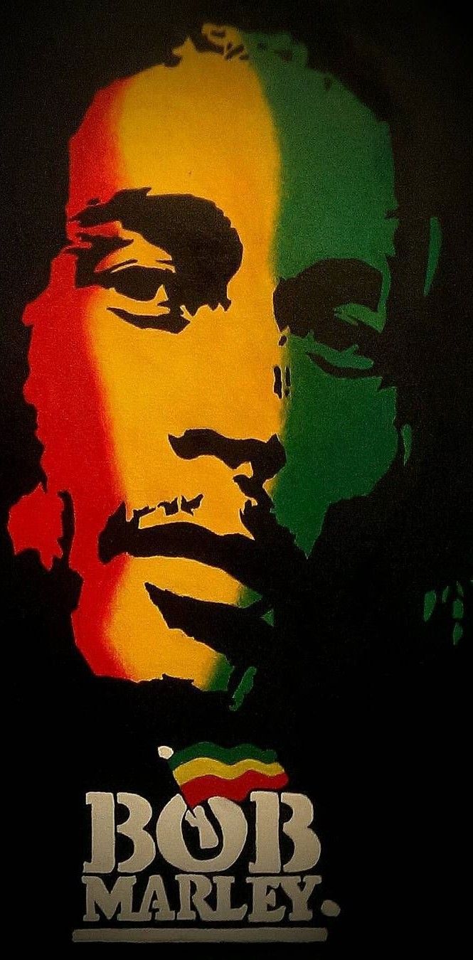 bob marley poster on black background with raspberry and green, yellow and red colors