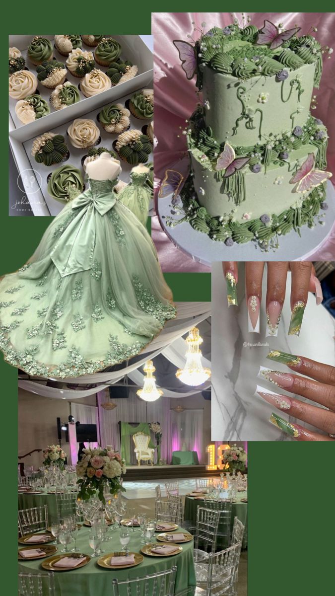 a collage of photos with green and white wedding cakes, cupcakes, and flowers