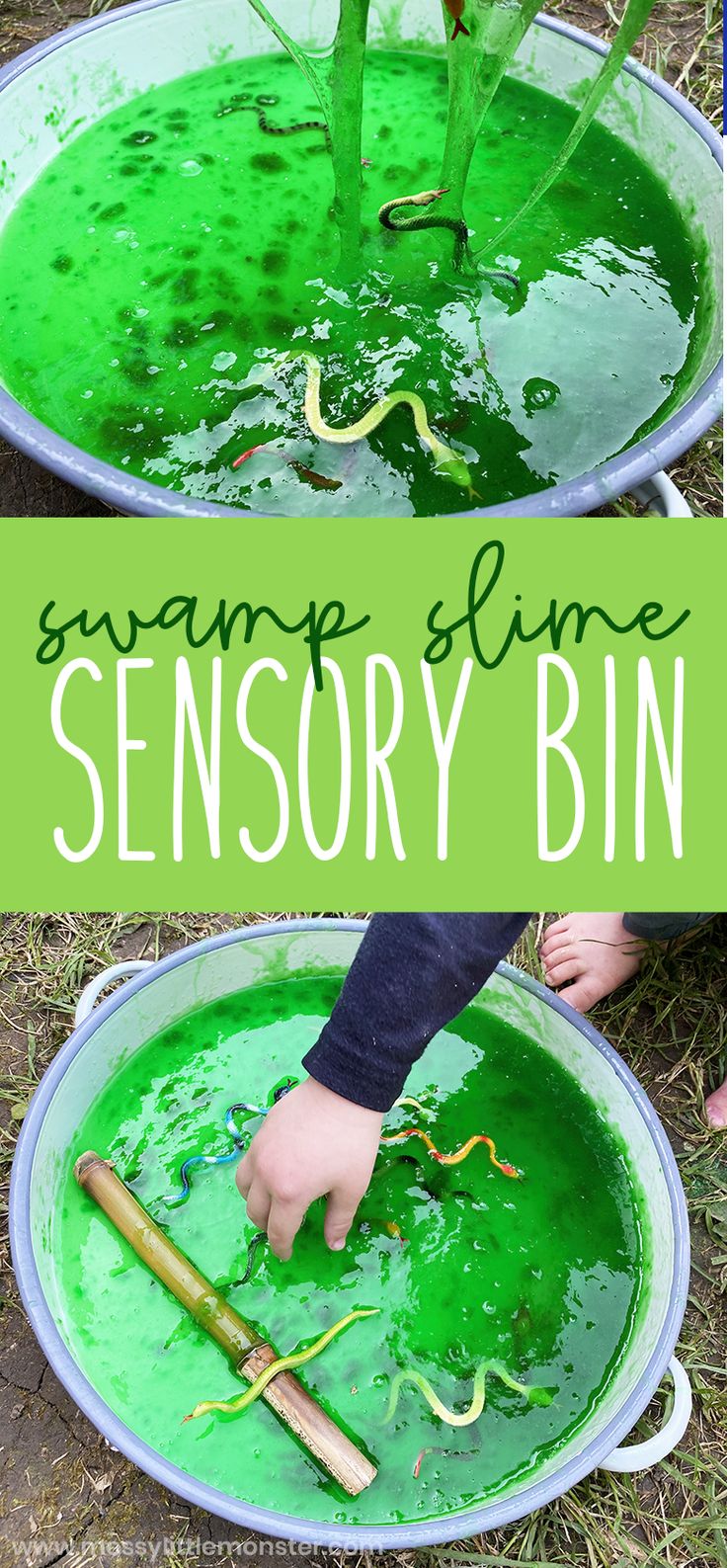 someone is dipping green liquid in a large metal bowl with a bamboo stick and sprinkles