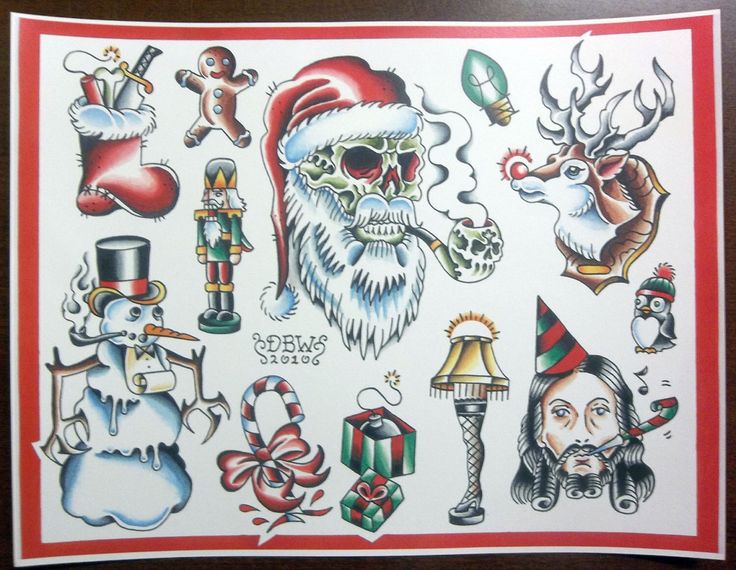 an image of christmas tattoos on the back of a sheet of paper with santa claus and other holiday related items