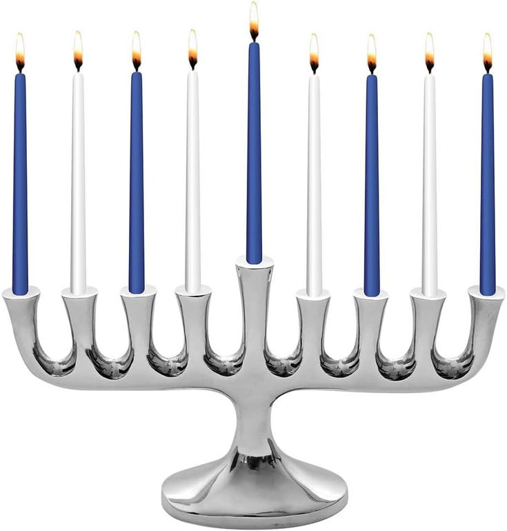 a silver menorah with blue candles on it