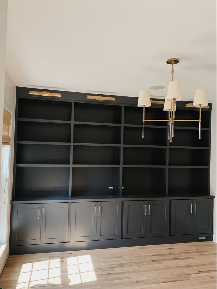 an empty room with black bookcases and lamps