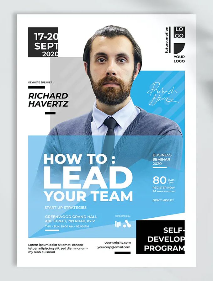 a flyer for a business event with a man in a suit and tie on it