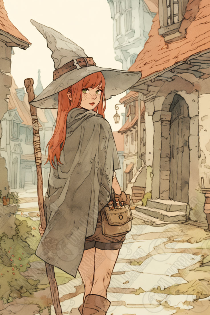 a woman with red hair wearing a witches hat and carrying a bag in her hand