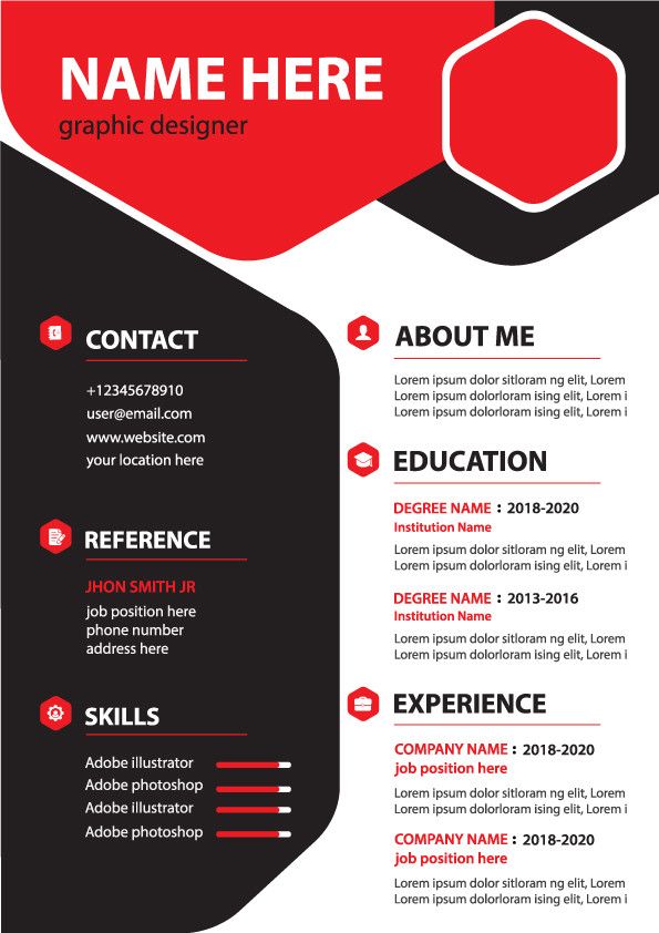 a red and black professional resume template for graphic designers, with an abstract design on the front