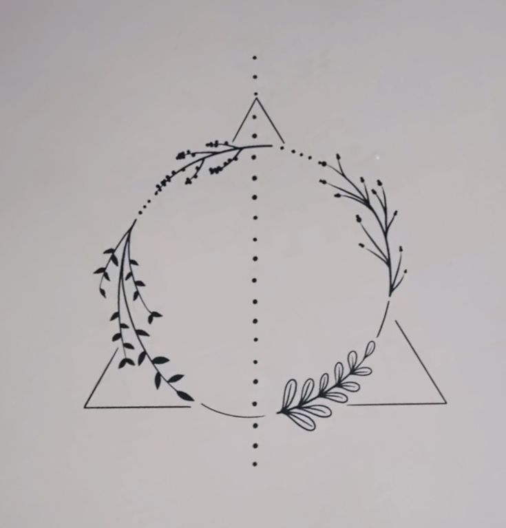 a drawing of a triangle with leaves and arrows in the center on a white background