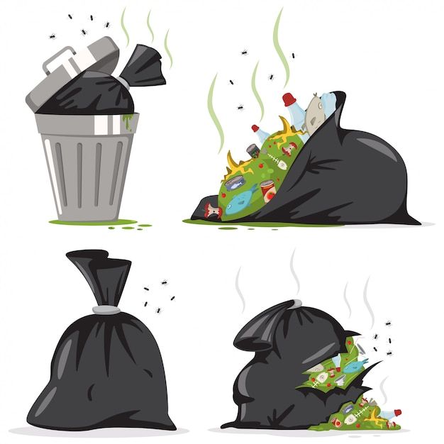 garbage bags and trash cans are shown in three different positions