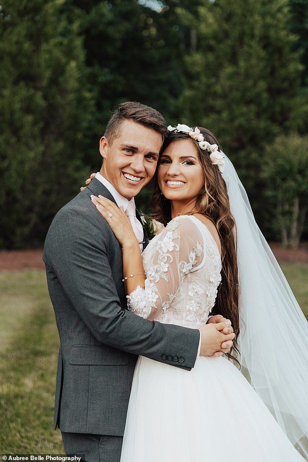 a bride and groom pose for a wedding photo