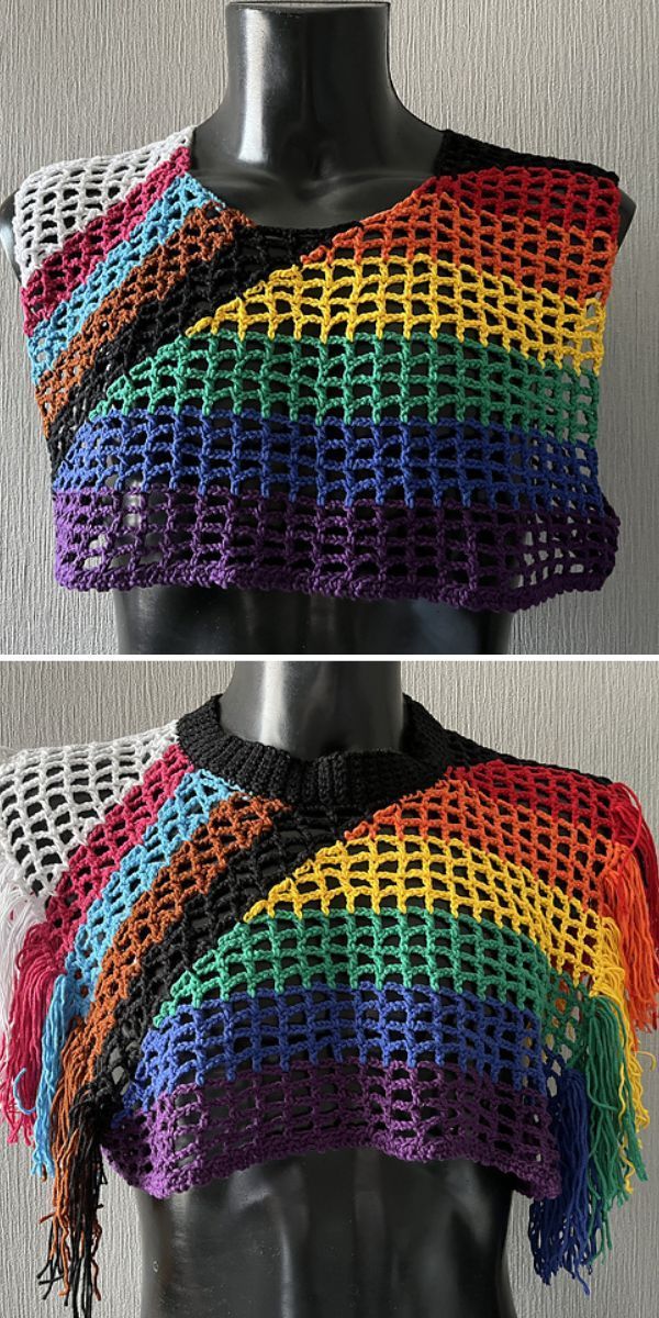 two pictures of the same crocheted shawl on a mannequin head