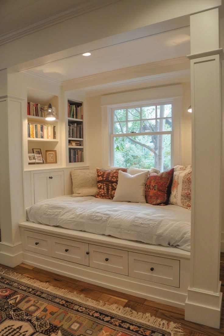 a window seat with bookshelves and pillows on it