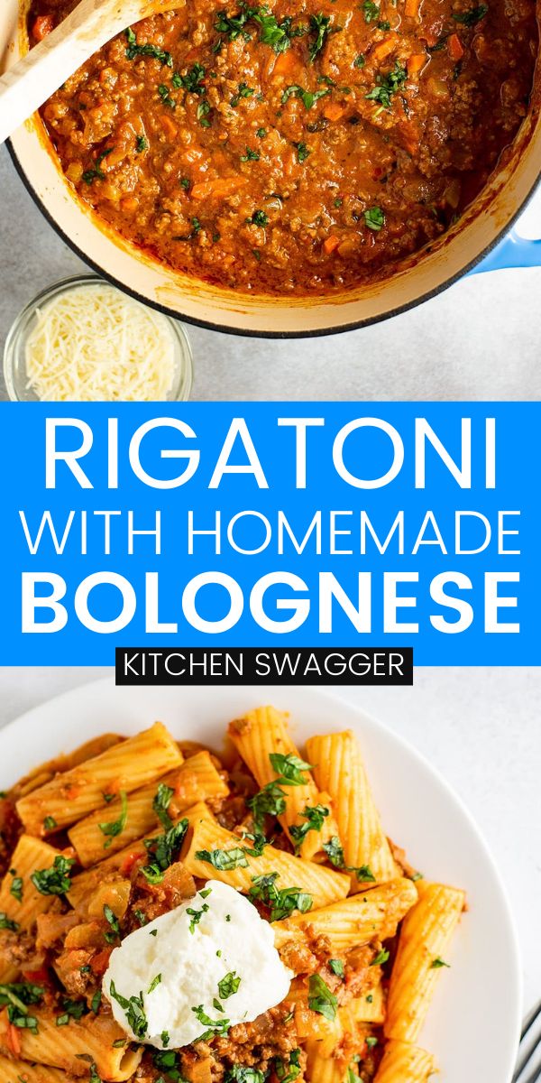 rigatoni with homemade bolognzoe in a skillet on the side