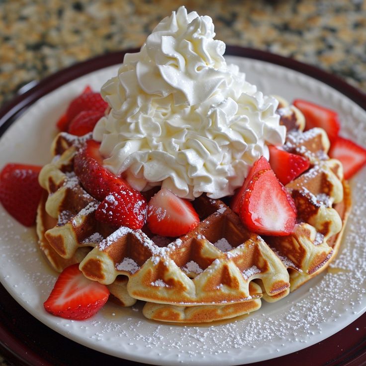 a waffle topped with whipped cream and strawberries