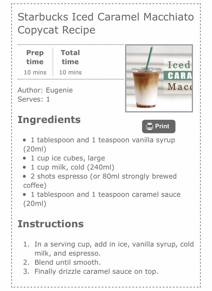 the menu for starbucks iced caramel macchiato, with instructions to make it