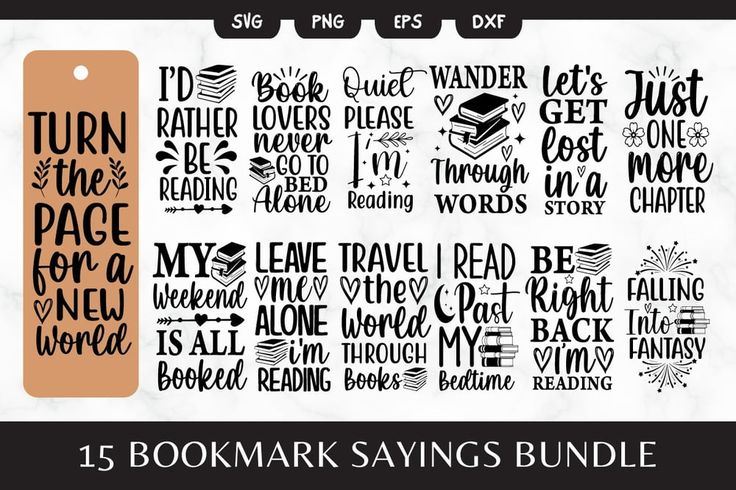 bundle of 15 bookmarks sayings bundle for svt, dxf and png