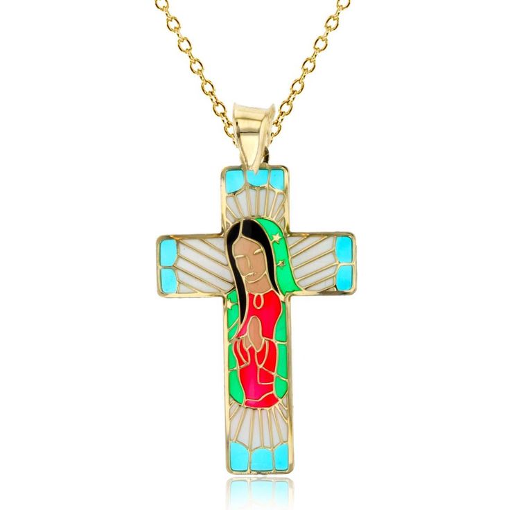 14KT Yellow Gold 18&quot; Cross Pendant Crucifix Necklace With Large Pendant As Gift, Gift Crucifix Necklace With Large Pendant, Large Crucifix Pendant Necklace As A Gift, Spiritual Crucifix Jewelry With Large Pendant, Spiritual Jewelry With Large Crucifix Pendant, Nickel-free Symbolic Crucifix Jewelry, Silver Our Lady Of Guadalupe Necklace, Spiritual Cross Necklace With Large Pendant, Multicolor Our Lady Of Guadalupe Jewelry As A Gift