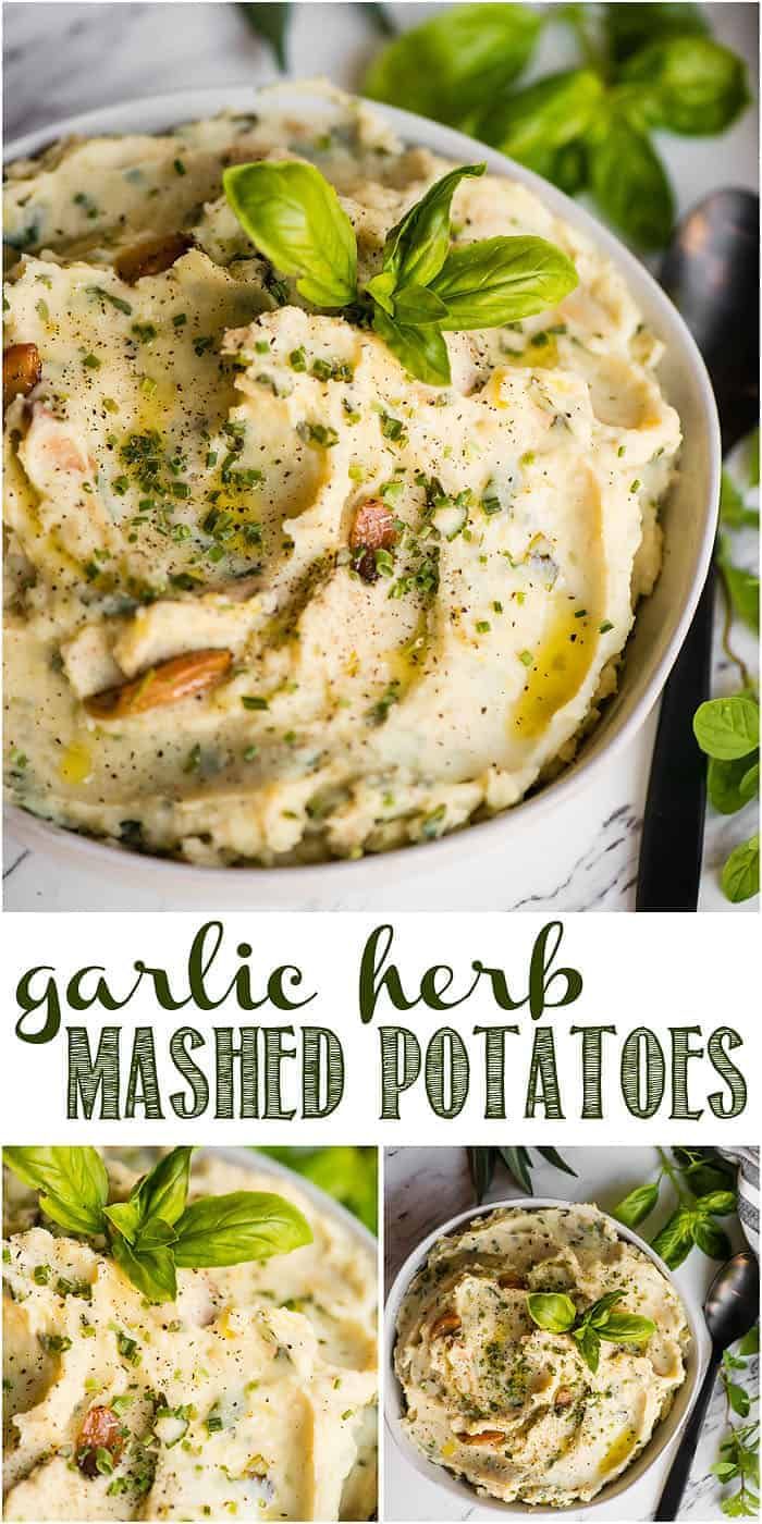 garlic herb mashed potatoes in a white bowl with basil garnish on top