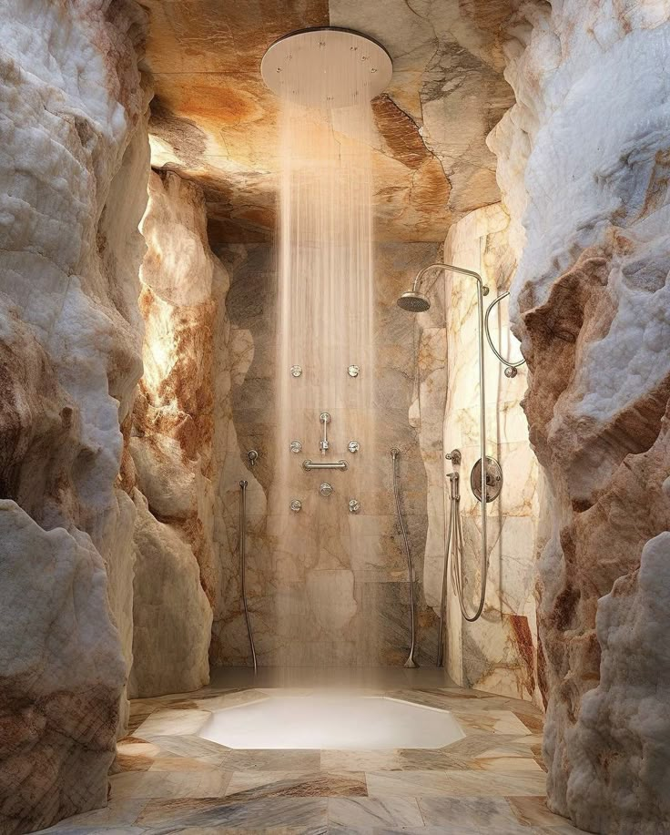 a shower in a cave like setting with rocks surrounding it