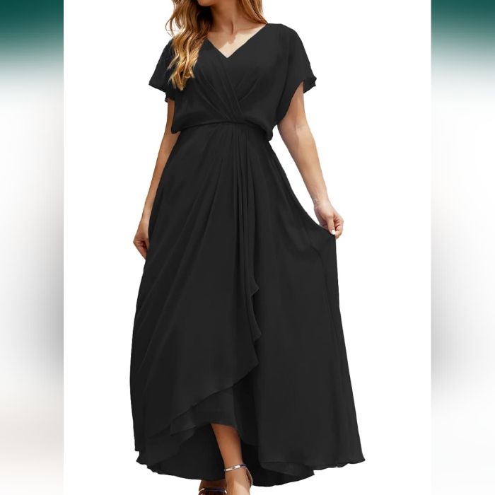 New Without Tags Beautiful Full Length Gown Elegant Short Sleeve Chiffon Prom Dress, Flowy Chiffon Short Sleeve Dress For Evening, Flowy Short Sleeve Chiffon Dress For Formal Occasions, Flowy Chiffon Dress With Short Sleeves For Formal Occasions, Black V-neck Bridesmaid Dress, Flowy Long Dress For Gala, Flowy Maxi Length Formal Gown, Formal Flowy Bridesmaid Dress, Flowy V-neck Dresses For Gala