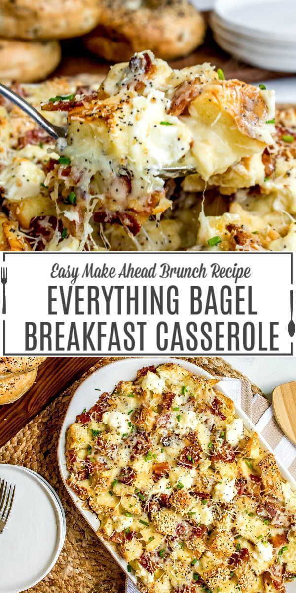 a casserole dish is shown with the words easy make ahead brunch recipe everything bagel breakfast casserole