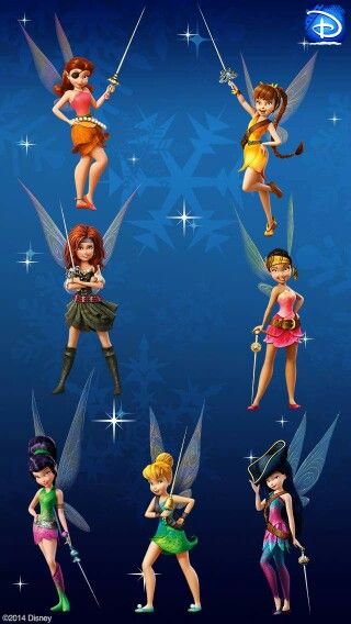 six different tinkerbells in various poses on a blue background