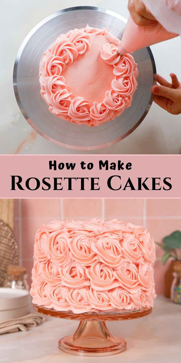 piping rosettes on a cake and a decorated rosette cake. Basic Cake Icing Design, Piped Birthday Cake Ideas, How To Make A Round Birthday Cake, Cake Decorating Rosettes, Rose Covered Cake, Rose Piping Cake, Rosette Buttercream Cake, Simple Easy Cake Decorating, How To Make A Rosette Cake