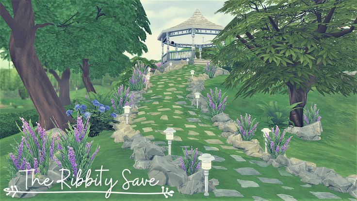 an artist's rendering of a pathway with trees and flowers in the foreground