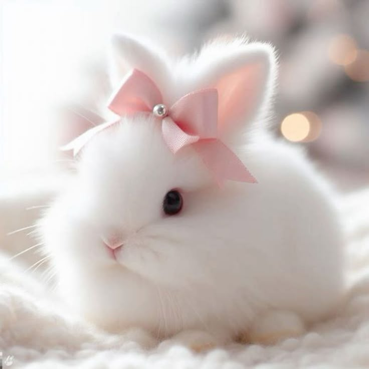 a small white rabbit with a pink bow on its head