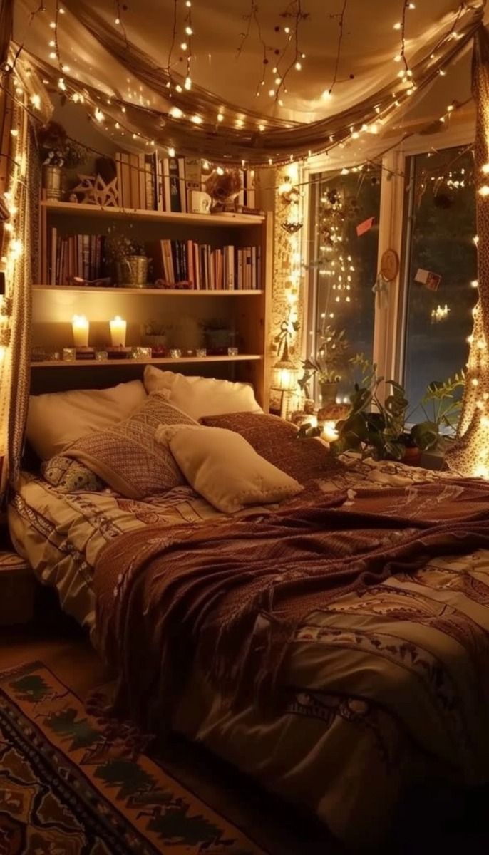 an unmade bed with lights strung from the ceiling and bookshelves above it