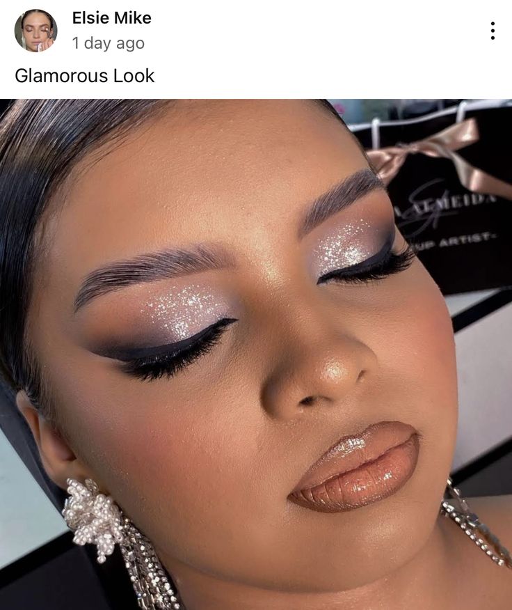 Formal Makeup For White Dress, Eyeshadow For Grey Outfit, Black Tie Gala Makeup, Simple Black And Silver Makeup, Silver Wedding Eye Makeup, Makeup Looks With Silver, Silver Sparkle Eye Makeup, Shimmery Bridal Makeup, Gray Makeup Looks Eye Shadows