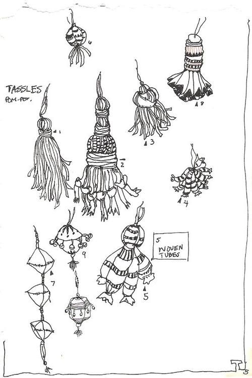 an ink drawing of different types of tassels and other things that are hanging on the wall