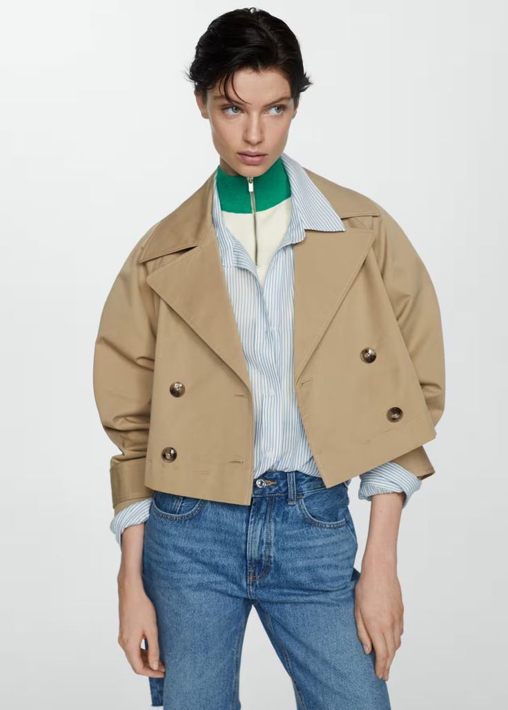 Cropped trench coat with lapels - Women | Mango USA Quiet Luxury Outfits, Winter Moodboard, Cropped Trench Coat, Trench Coat Outfit, Spring Coat, Elevated Basics, Coat Outfit, Clothing Outfit Ideas, Summer Jacket