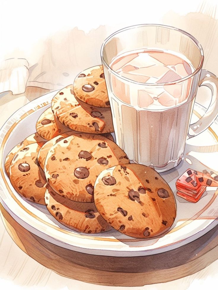 a plate with chocolate chip cookies and a glass of milk