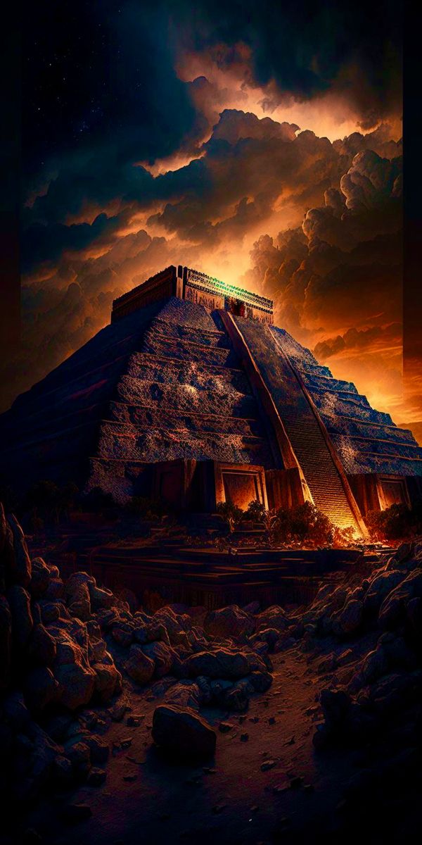 an artistic painting of a pyramid in the desert with fire coming out of its top