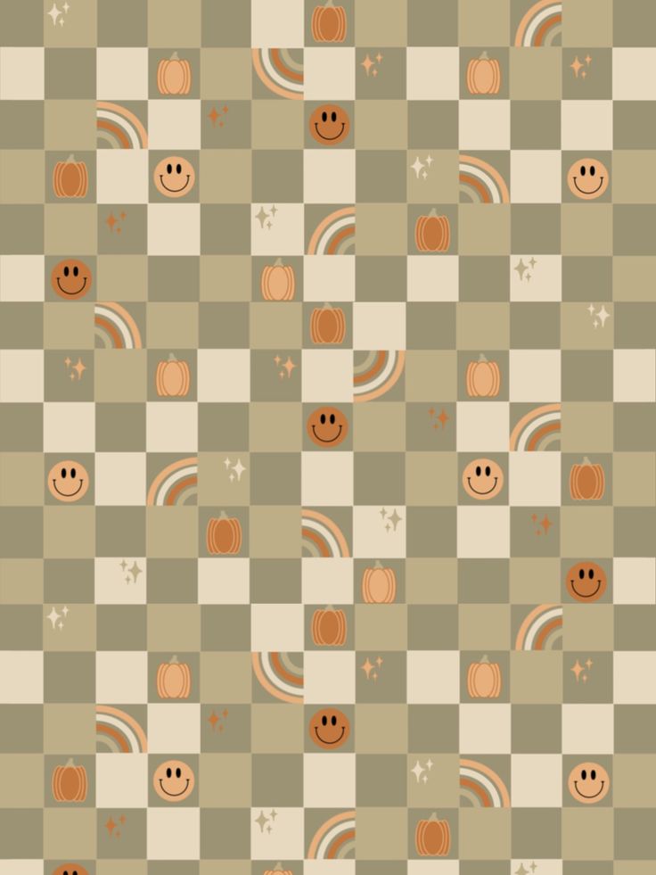 a checkerboard pattern with pumpkins and smiley faces on the squares in brown