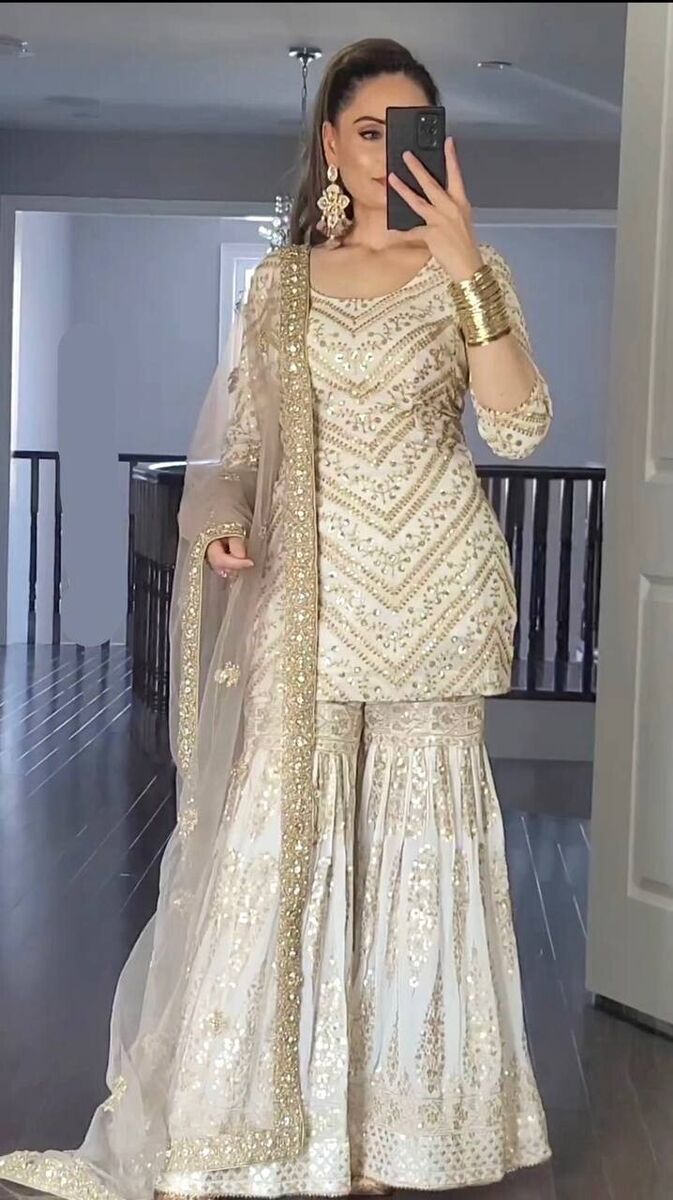 #eBay #eBayStore #eBaySeller #Pakistani #SkyviewFashion #White #India #HeavyFauxGeorgette #Women #BOLLYWOOD #WEDDING #PARTYWEAR #DRESS https://www.ebay.com/str/skyviewfashion White Sharara, Sharara Designs, Pani Puri, Desi Fashion Casual, Pakistani Fancy Dresses, Salwar Kamiz, Indian Dresses Traditional, Traditional Indian Outfits, Simple Pakistani Dresses