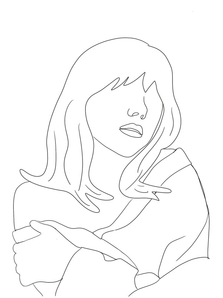 a line drawing of a woman's face with her hands folded over her chest