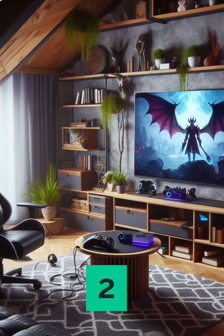 a living room filled with furniture and a flat screen tv on top of a wooden shelf