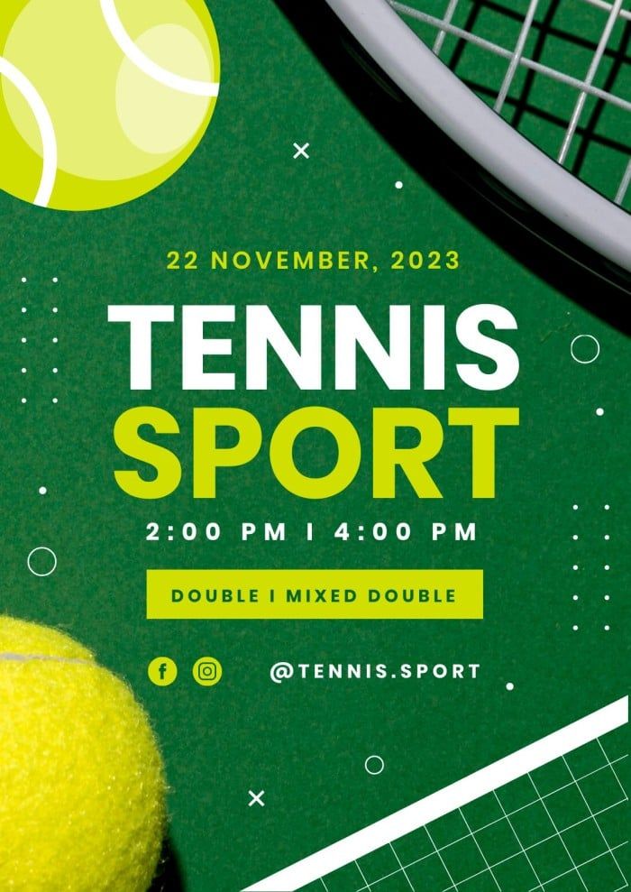 a flyer for a tennis tournament with a ball and racket on the sidelines