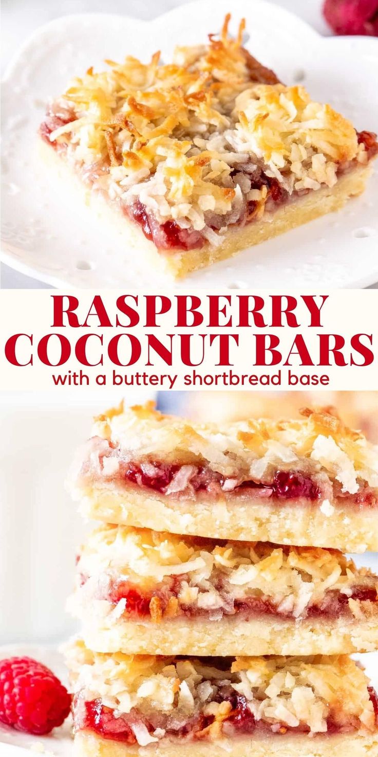 raspberry coconut bars stacked on top of each other