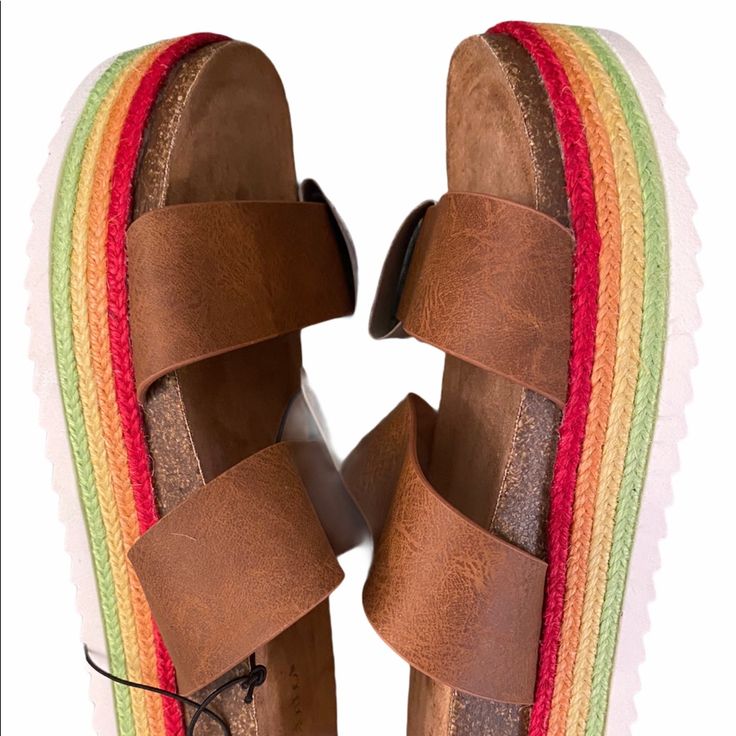 Rainbow Platform Sandals, Super Comfortable Size 8 Brand New W Tags Brand: Altrd State Brown Synthetic Flip Flops For Summer, Brown Synthetic Summer Flip Flops, Brown Sandals With Textured Footbed For Summer, Summer Platform Footbed Sandals For Vacation, Brown Textured Sandals For Summer, Summer Platform Footbed Sandals In Synthetic, Spring Platform Footbed Sandals In Synthetic, Summer Synthetic Platform Footbed Sandals, Synthetic Platform Footbed Sandals For Summer