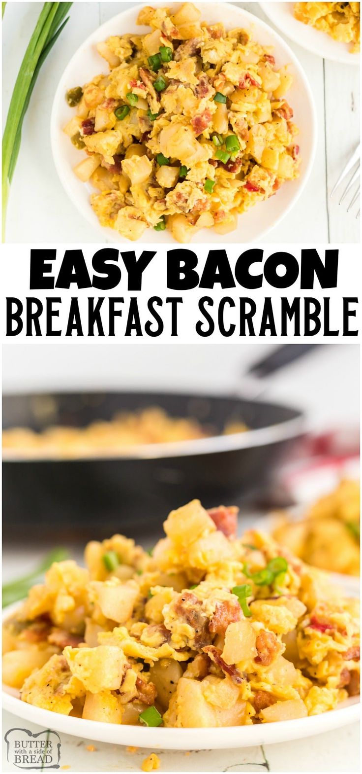 easy bacon breakfast scramble on a white plate