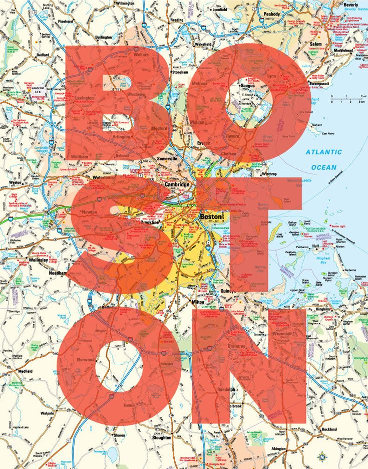 a map with the words boston in red and yellow on it's side,