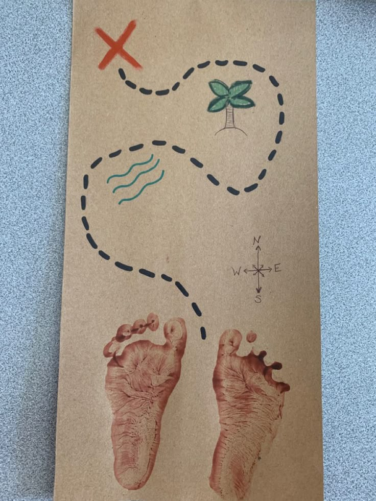 a piece of paper with two footprints and a cross on the side that says x