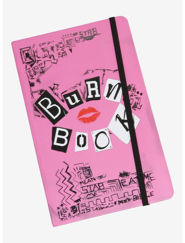 a pink notebook with the words burn book written in black and white on top of it